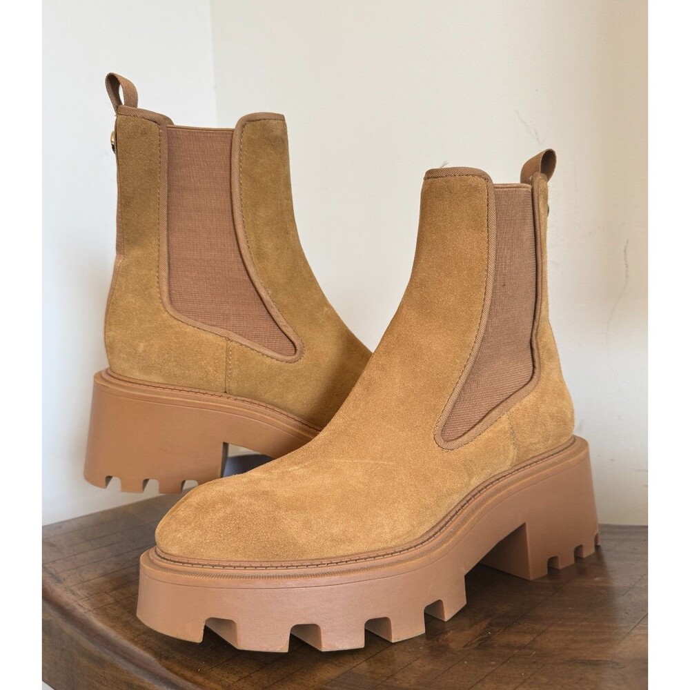 Zara Chunky Platform Chelsea Boots Suede Lug Sole Tan Brown Women's US 9 EU 40